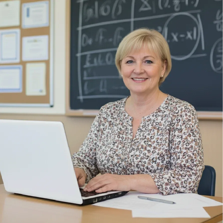 Professora sorrindo diante do notebook, numa sala de aula com lousa ao fundo.